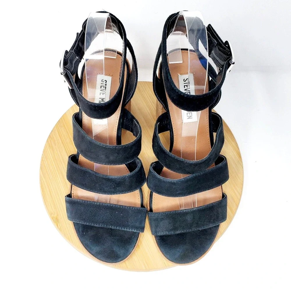 Steve Madden Sandals Womens 7.5 Black Velvet‎ Straps Fishtail Block Heel Shoes